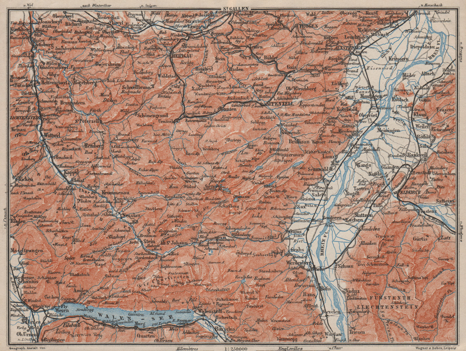 APPENZELL CANTON. Wildhaus Unterwasser St. Gallen Trogen Walensee 1909 old map
